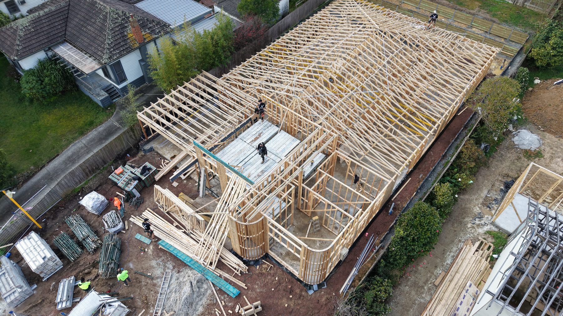 Aerial view of a two-storey home build with crane, Ferntree Gully