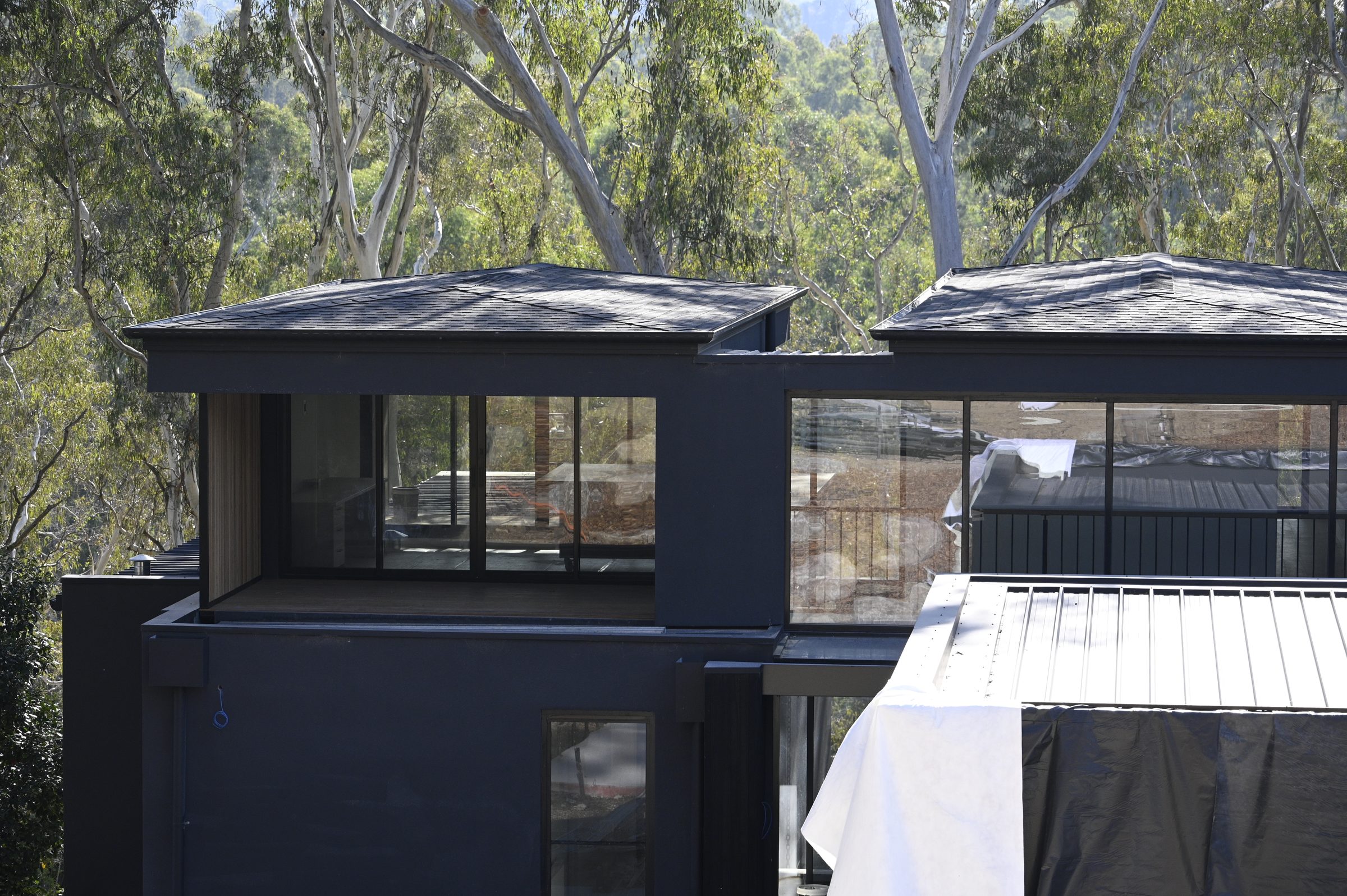 Architectural detail of a modern home among gum trees